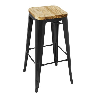 Tabouret bistro haut en acier noir avec assise en bois lot de 4 - Bolero