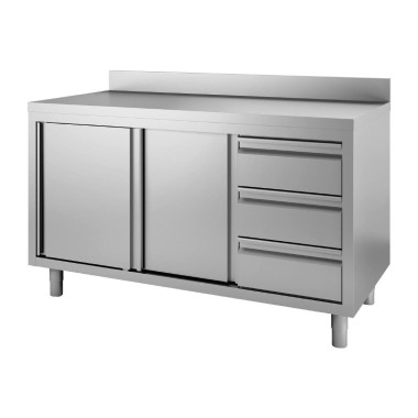 Table armoire inox avec dosseret 3 tiroirs à droite et portes coulissantes 850/900x1400x700mm - Gastro M