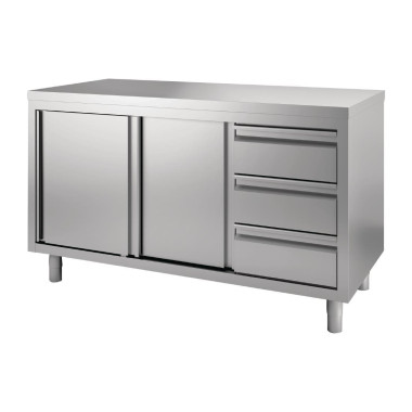Table armoire inox avec portes coulissantes et 3 tiroirs à droite 1500 x 700 x 850/900mm - Gastro M