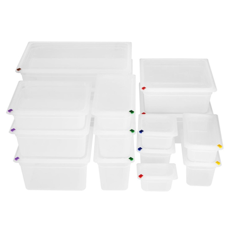 Bacs PP Click GN 1/4 avec couvercles et 7 clips de couleur 150mm 3,7L (lot de 4) - Hygiplas