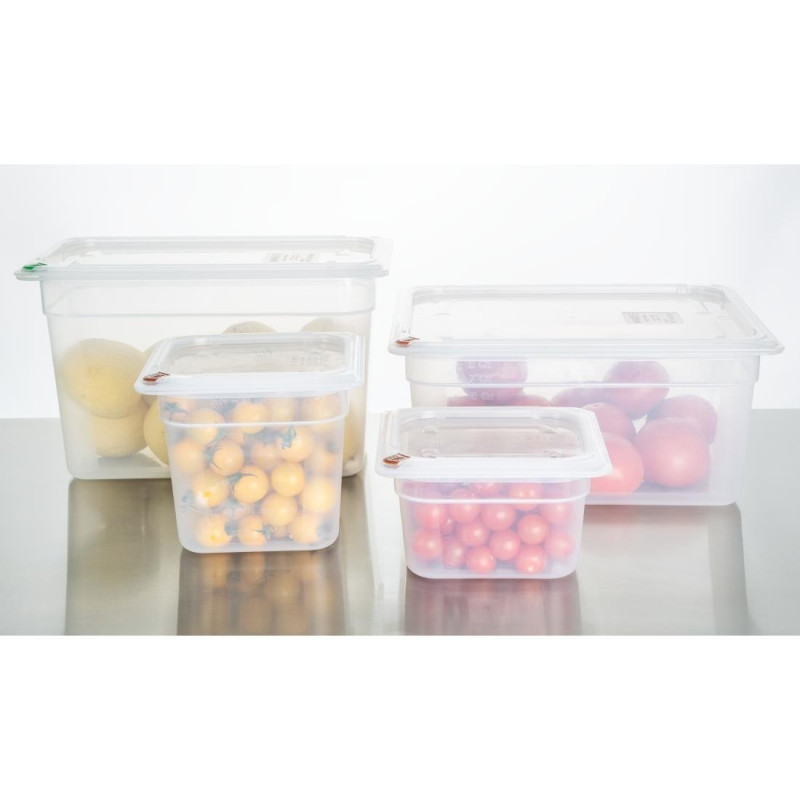 Bacs PP Click GN 2/3 avec couvercles et 7 clips de couleur 200mm 16,1L (lot de 4) - Hygiplas