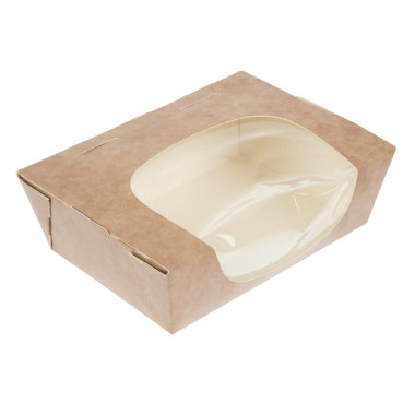 Barquettes à salade kraft recyclables avec fenêtre acétate 825ml (lot de 200) - 120 x 160 x 50 mm - COLPAC