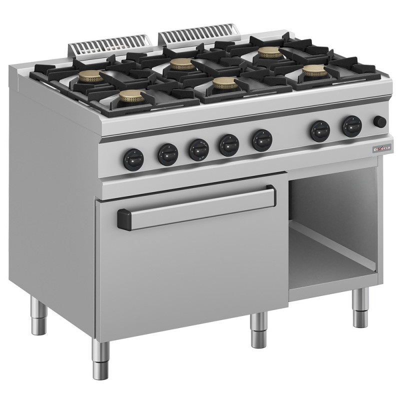 Fourneau gaz 6 feux vifs, sur four gaz GN 2/1 et armoire - Diverso  au meilleur prix sur Restock CHR