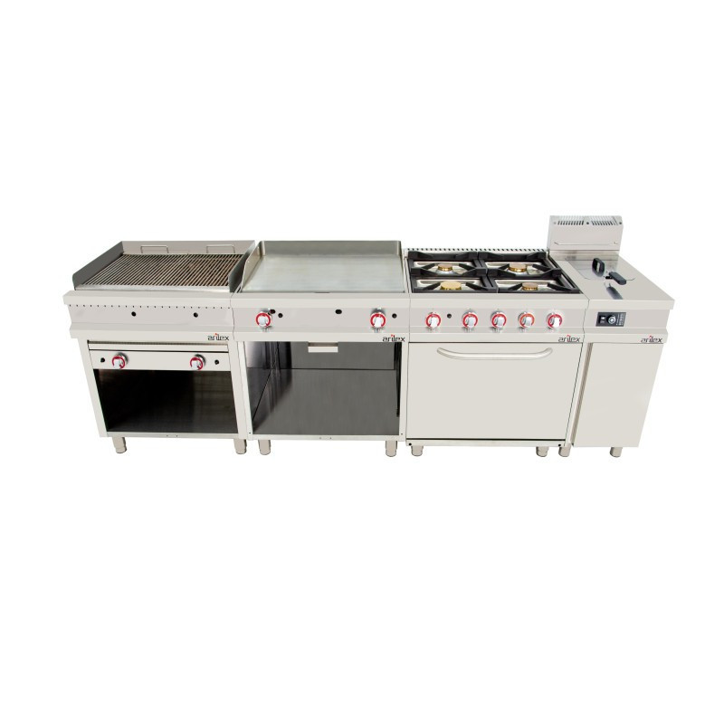 Fourneau à gaz - 4 foyers - 2x7,5  2x5,5 kW - Avec four GN2/1 - Arilex  au meilleur prix sur Restock CHR