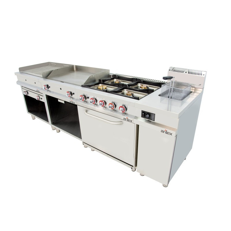 Fourneau à gaz - 4 foyers - 2x7,5  2x5,5 kW - Avec four GN2/1 - Arilex  au meilleur prix sur Restock CHR