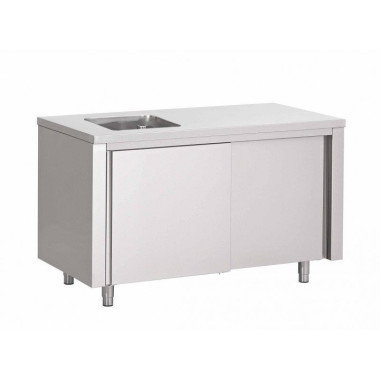 Table Armoire Inox Centrale Du Chef 1 Évier (P)600 X (H)850 Mm 2 Portes Coulissantes, Sans Dosseret, Aisi 430 - Restock CHR  au 