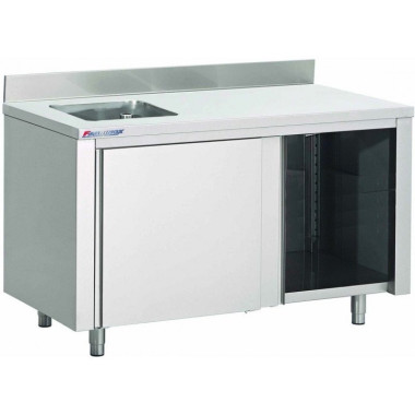 Table Armoire Inox Centrale Du Chef 1 Évier (P)800 X (H)850 Mm 2 Portes Coulissantes, Avec Dosseret, Aisi 430 - Restock CHR  au 