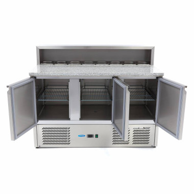 Table à Pizza Réfrigérée 400L - 3 Portes - 8 Bacs GN 1/6 - Plan de Travail Granit - Maxima  au meilleur prix sur Restock CHR