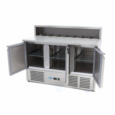 Table à Pizza Réfrigérée 400L - 3 Portes - 8 Bacs GN 1/6 - Plan de Travail Granit - Maxima  au meilleur prix sur Restock CHR