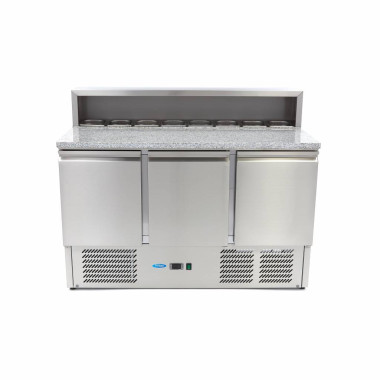 Table à Pizza Réfrigérée 400L - 3 Portes - 8 Bacs GN 1/6 - Plan de Travail Granit - Maxima  au meilleur prix sur Restock CHR