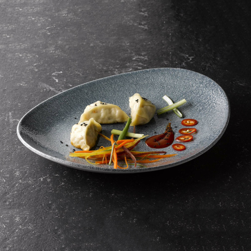 Plat oblong en céramique Raku bleu topaze 13 1/2" x 9 1/4" / 344 x 234 mm - Finedine  au meilleur prix sur Restock CHR